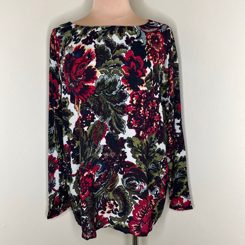 J. Jill Top Medium Womens Winter Floral Bouquet Boat Neck Red Green Maximalist
